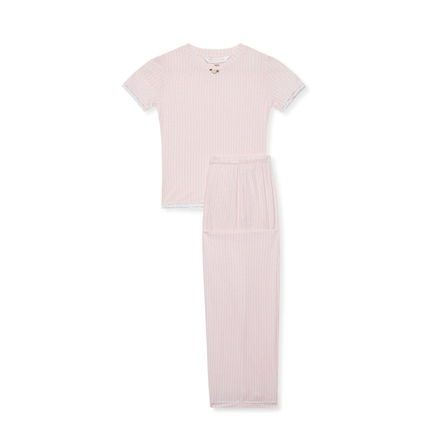 Stretch Trouser+Tee Set - Pink Stripe/ Rose
