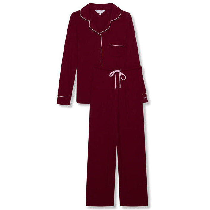 Clasic Stretch Pyjama Trouser Set - Burgandy/Blush