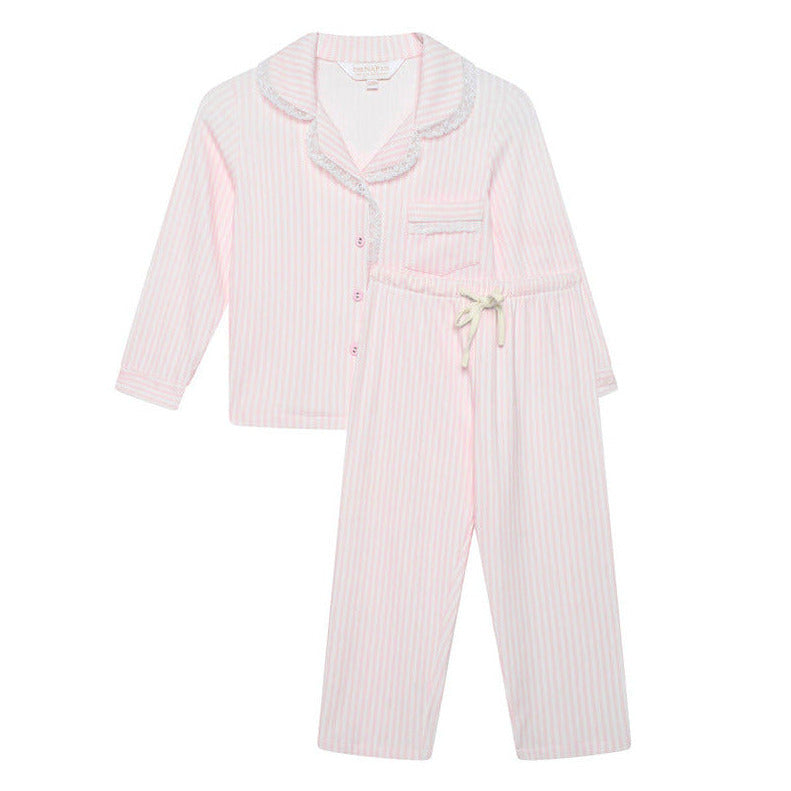 Pink and white striped pajama set on a white background
