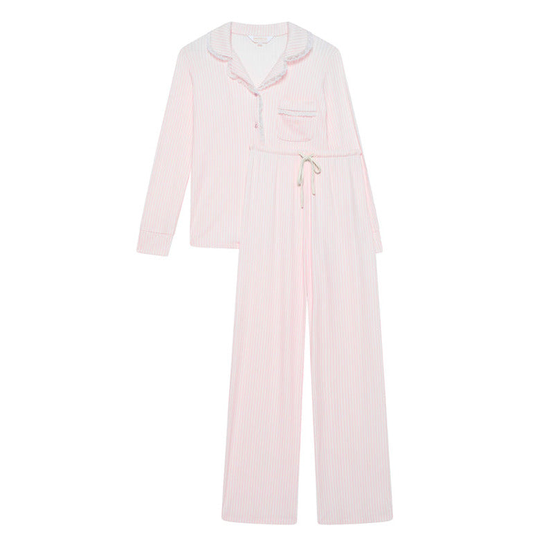 Stretch Ribbed Pyjama Trouser Set - Pink Stripe/Lace